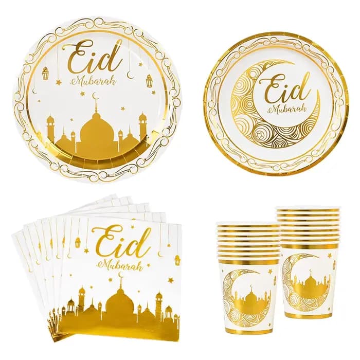 Ensemble de vaisselle de fête Eid Mubarak, assiettes jetables dorées, gobelets, serviettes, bannière, fournitures islamiques musulmanes 2026, décorations Ramadan Kareem