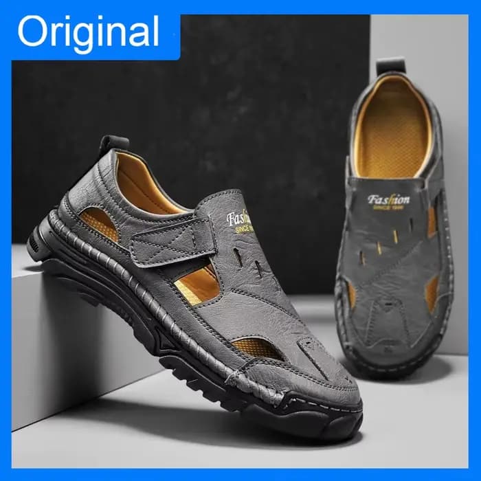 Sandales pour hommes confortables, respirantes, à bout fermé, en cuir, pour l'été, la marche quotidienne en plein air, chaussures décontractées, semelle antidérapante