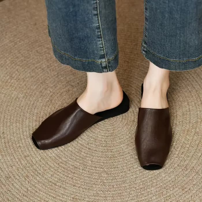 Mules pour femmes, chaussures d'extérieur, pantoufles à bout carré fermé, en cuir de vachette, style simple, souples, en cuir véritable
