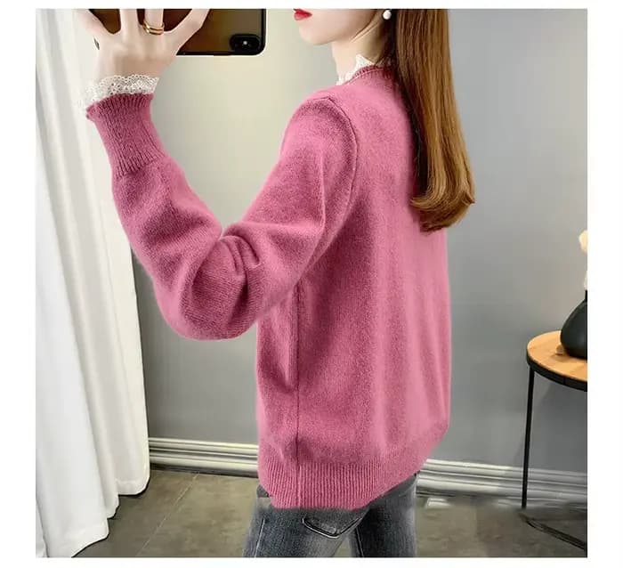 Pull à col mi-haut avec bord en dentelle pour femme, tricot côtelé, haut bas, chaud, élégant, mode, automne, hiver, nouveau