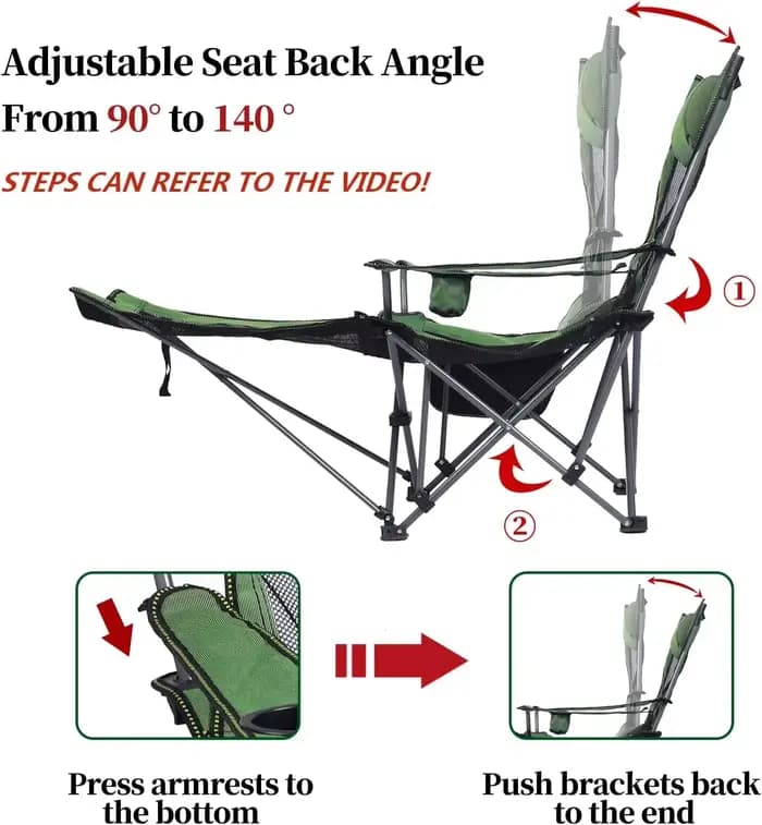Chaise longue de camping, chaise de camping inclinable portable, chaise de camping pliable avec repose-pieds, appui-tête et sac de rangement