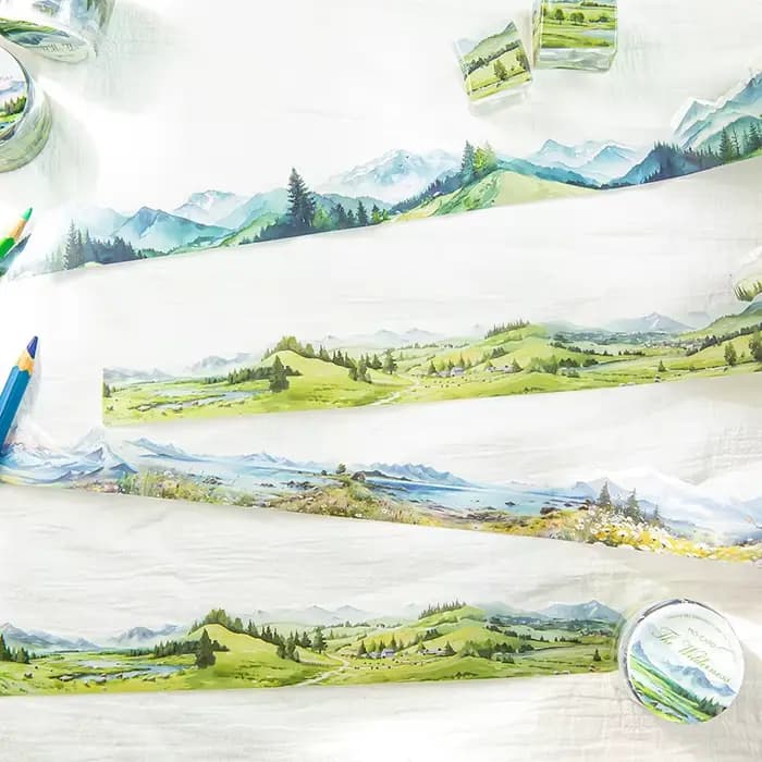 Pluie du matin : Ruban décoratif pour créer des paysages de montagnes et de mer, paysages de prairies style Ins, matériel pour journal créatif, autocollants de bordure pour animaux de compagnie