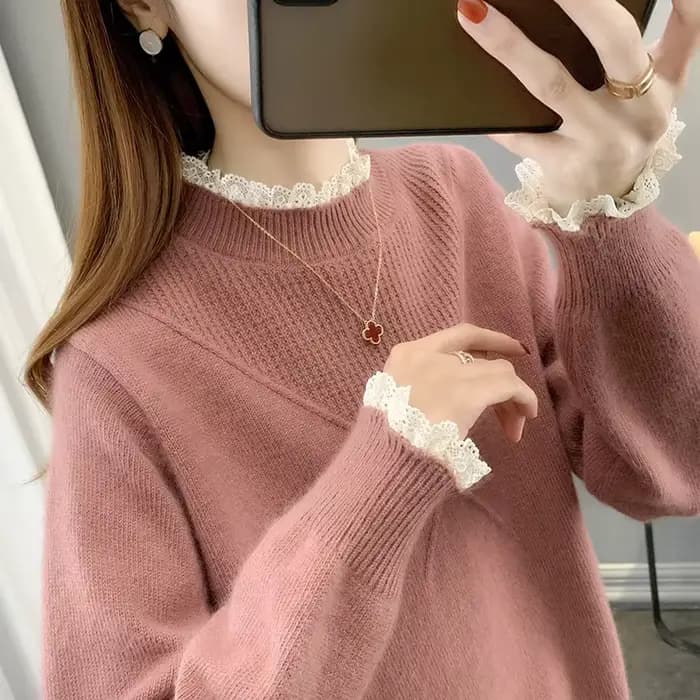 Pull à col mi-haut avec bord en dentelle pour femme, tricot côtelé, haut bas, chaud, élégant, mode, automne, hiver, nouveau