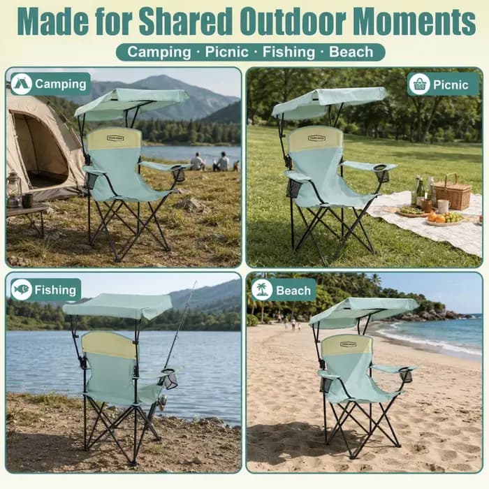 Chaise de camping avec auvent, chaise de plage avec ombrage, portable, légère, surdimensionnée pour tous, facile à ouvrir et à fermer sans installation