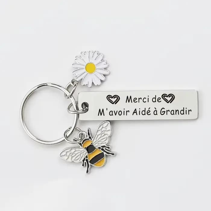 Porte-clés de gratitude avec breloques marguerite et abeille, gravé "Merci de m'avoir aidé à grandir", en acier inoxydable, cadeau de remerciement pour les enseignants