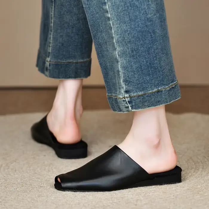 Mules pour femmes, chaussures d'extérieur, pantoufles à bout carré fermé, en cuir de vachette, style simple, souples, en cuir véritable