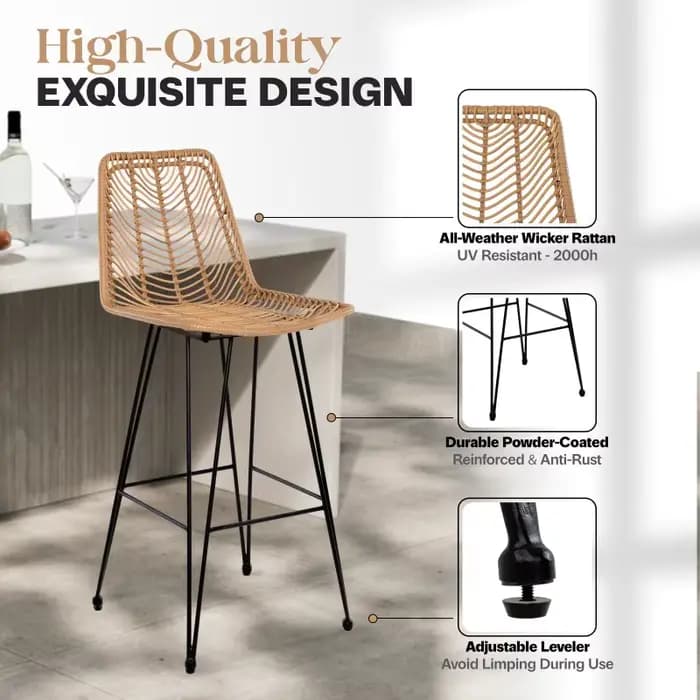 Tabouret de bar haut scandinave en rotin tressé, chaise de comptoir pour extérieur et intérieur, siège de loisirs pour balcon, réception, café, restaurant, mobilier