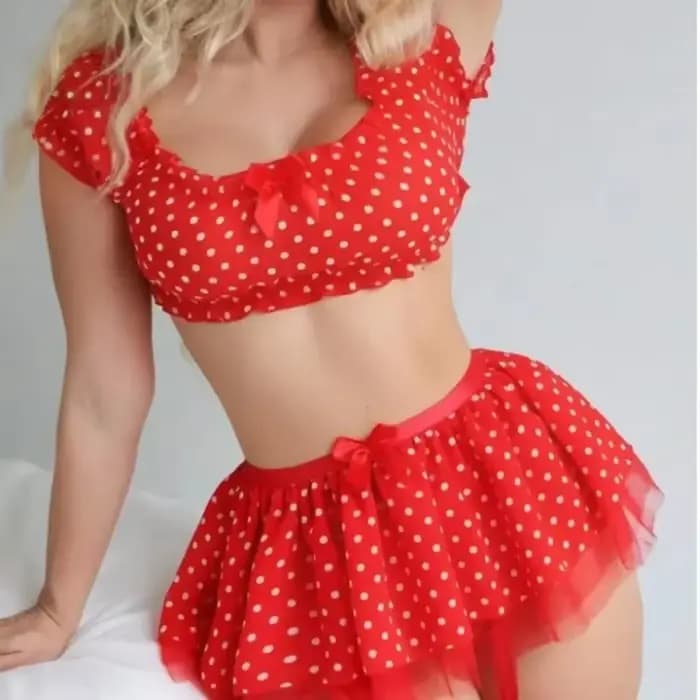 Jupe courte érotique pour femmes, avec bretelles, Lingerie Sexy, à pois, épaules dénudées, jupe bouffante, ensemble exotique