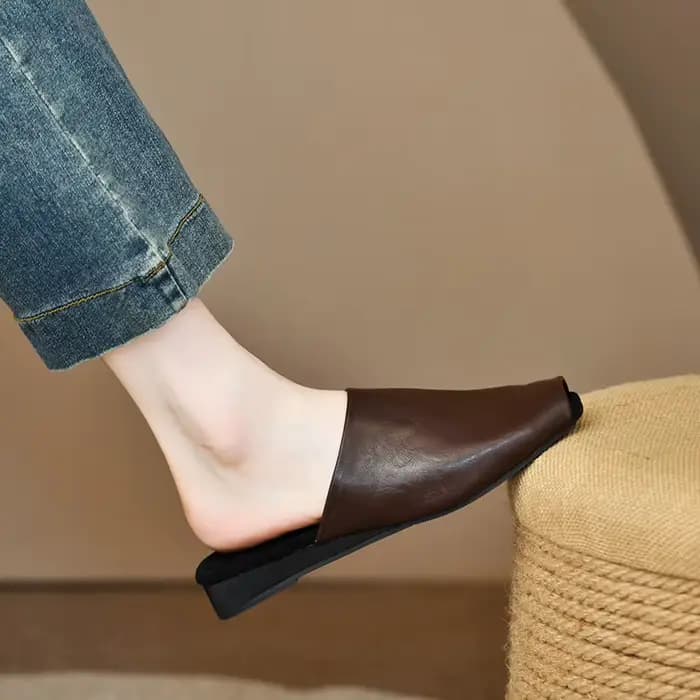 Mules pour femmes, chaussures d'extérieur, pantoufles à bout carré fermé, en cuir de vachette, style simple, souples, en cuir véritable