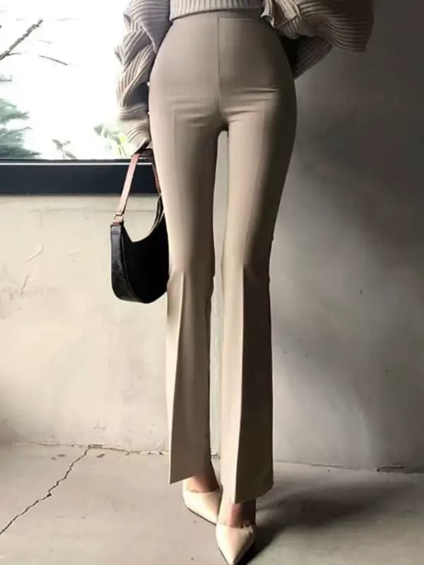 Pantalon décontracté évasé taille haute confortable et tendance pour femme, style trajet quotidien, en mélange polyester, viscose et élasthanne
