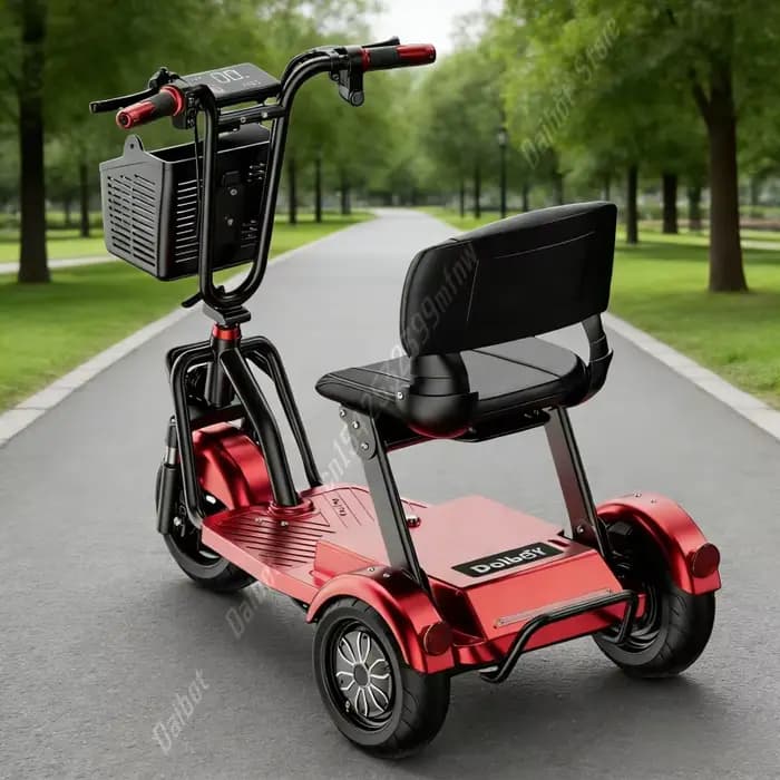 Scooter de mobilité pliable à 3 roues rouge et noir antivol avec barre de traction