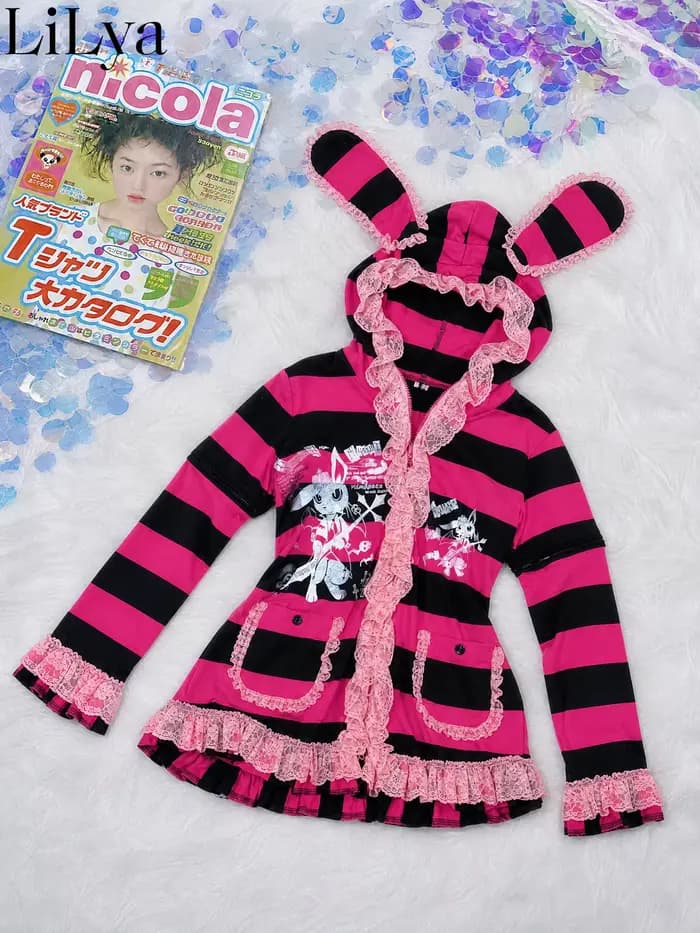 Manteau fin japonais décontracté style punk Jirai Kei pour femme, avec oreilles de lapin, rayé, vintage, style anime, Yami Kawaii, gothique, à capuche, Y2K