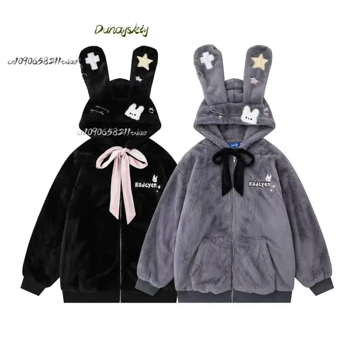 Jirai Kei japonais femmes filles Cosplay Costumes lapin chat oreille manteau à capuche blanc noir en peluche chaud manteau Kawaii quotidien carnaval