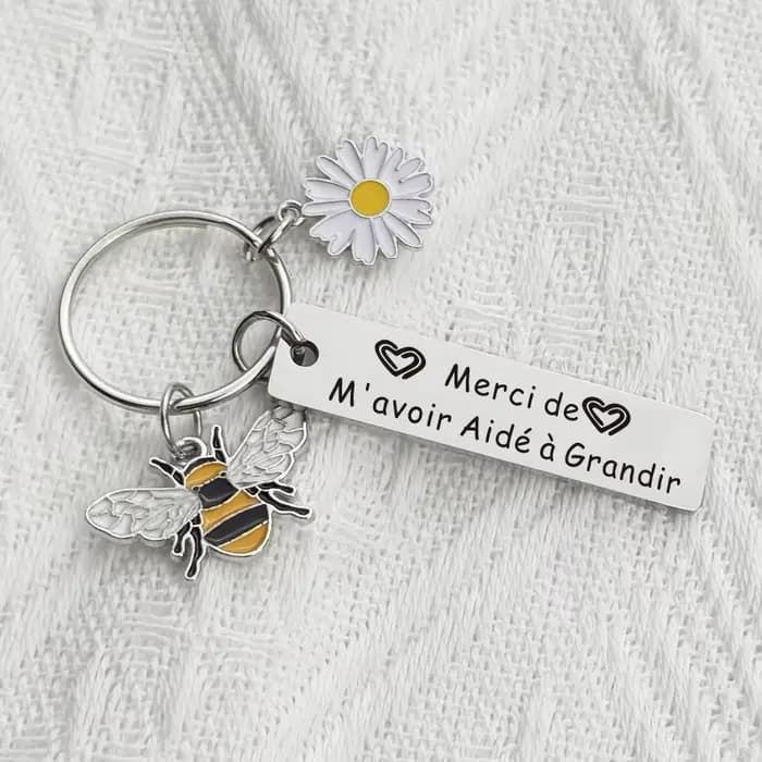 Porte-clés de gratitude avec breloques marguerite et abeille, gravé "Merci de m'avoir aidé à grandir", en acier inoxydable, cadeau de remerciement pour les enseignants
