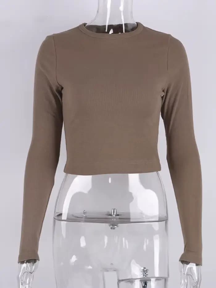 O cou à manches longues chemise femmes côtelé Sexy hauts courts 2024 printemps noir décontracté maigre mince basique femme t-shirts blanc