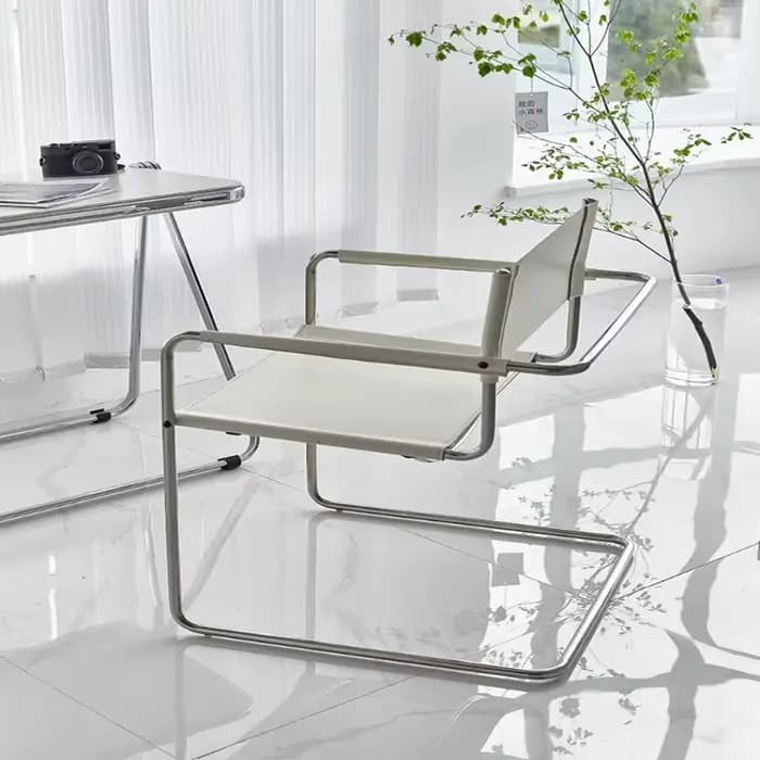 Bauhaus – chaise à dossier avec accoudoirs de bureau, selle en acier inoxydable, chaise de salle à manger en cuir, chaises de loisirs confortables, meubles pour accessoires Photo