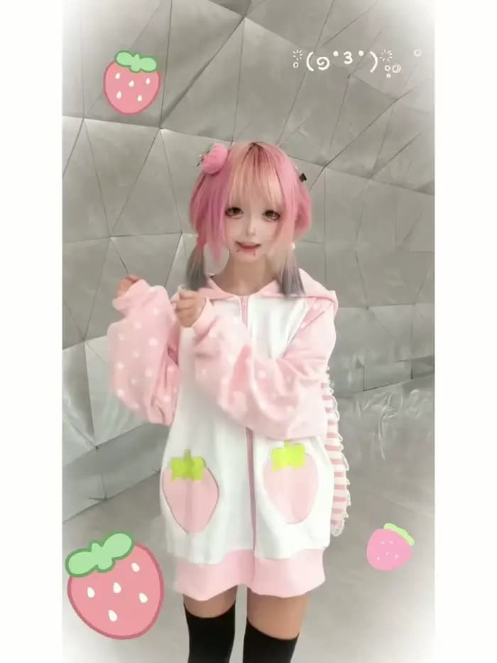 Sweat à capuche rayé pelucheux japonais Kawaii pour femme, manteau en peluche imprimé chat avec fermeture éclair, ample, manches longues, adorable manteau à pois, hiver