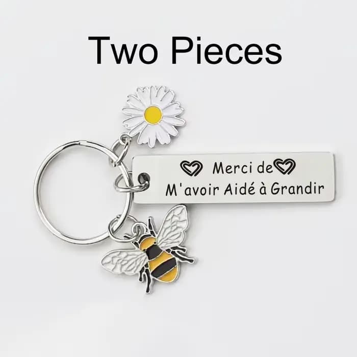 Porte-clés de gratitude avec breloques marguerite et abeille, gravé "Merci de m'avoir aidé à grandir", en acier inoxydable, cadeau de remerciement pour les enseignants