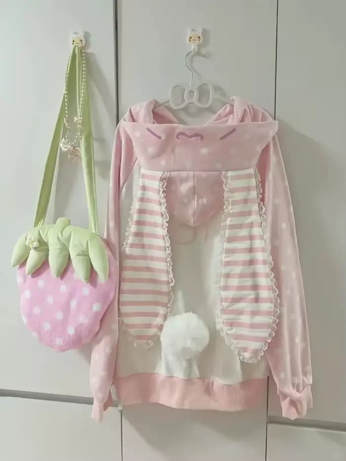 Sweat à capuche rayé pelucheux japonais Kawaii pour femme, manteau en peluche imprimé chat avec fermeture éclair, ample, manches longues, adorable manteau à pois, hiver