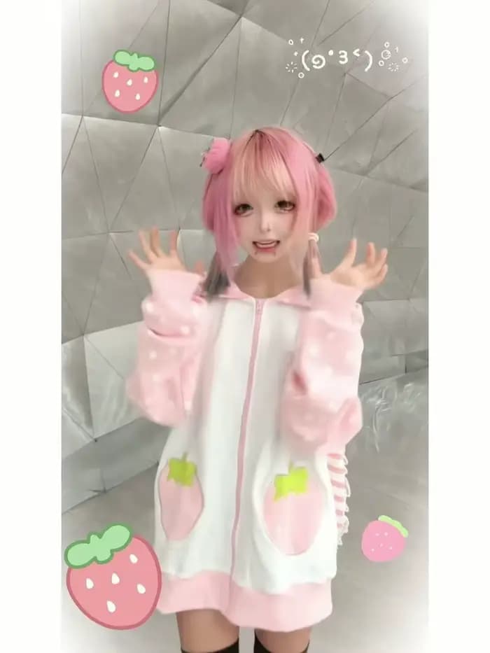 Sweat à capuche rayé pelucheux japonais Kawaii pour femme, manteau en peluche imprimé chat avec fermeture éclair, ample, manches longues, adorable manteau à pois, hiver