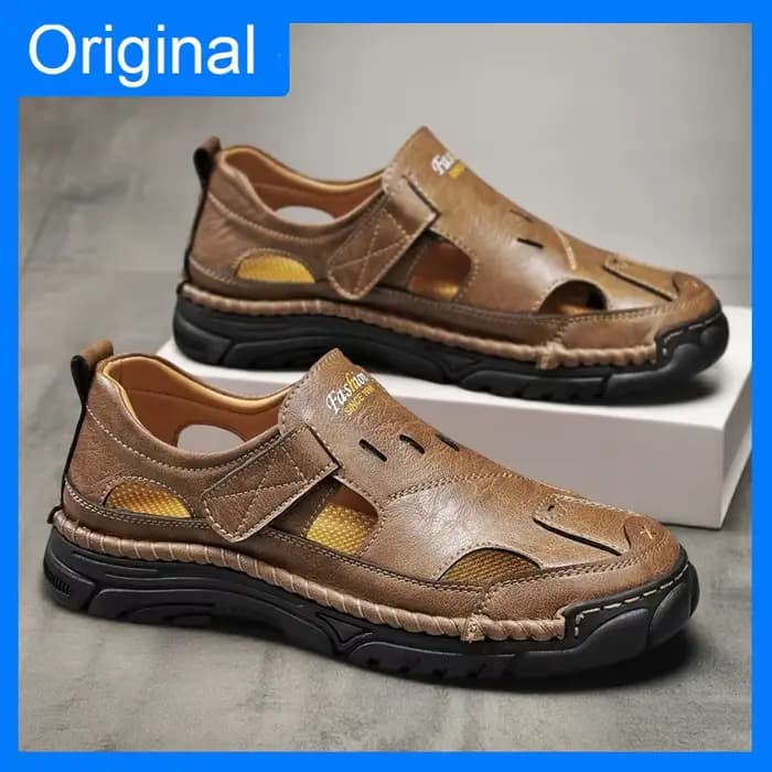 Sandales pour hommes confortables, respirantes, à bout fermé, en cuir, pour l'été, la marche quotidienne en plein air, chaussures décontractées, semelle antidérapante