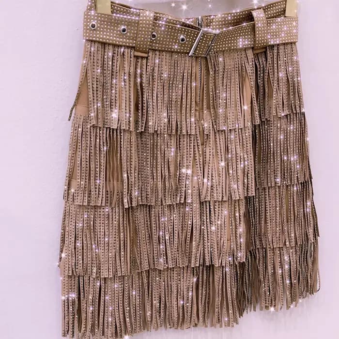 Femmes jupe mode 2025 nouveau automne taille haute ceinture multicouche courte lourde forage strass jupe à franges avec gâteau une ligne