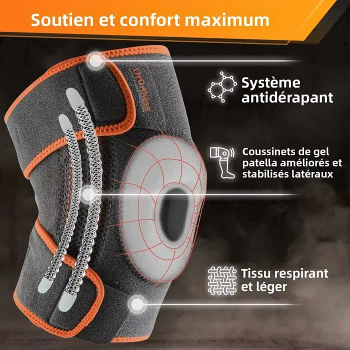 Genouillère avec stabilisateurs latéraux et coussinets en gel pour la rotule