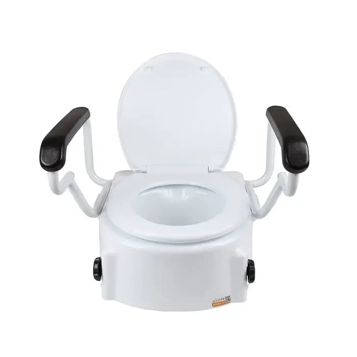 Siège de toilette surélevé réglable à 3 niveaux avec accoudoirs et couvercle rabattables en PU
