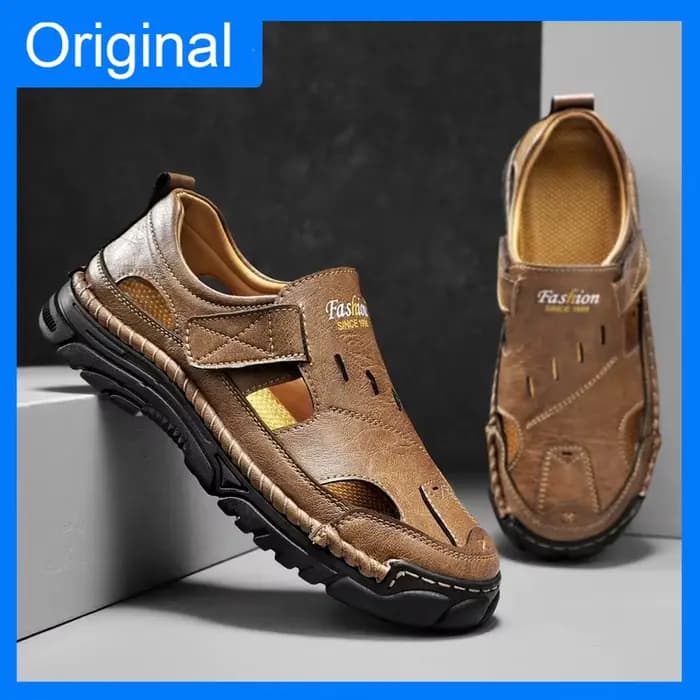 Sandales pour hommes confortables, respirantes, à bout fermé, en cuir, pour l'été, la marche quotidienne en plein air, chaussures décontractées, semelle antidérapante