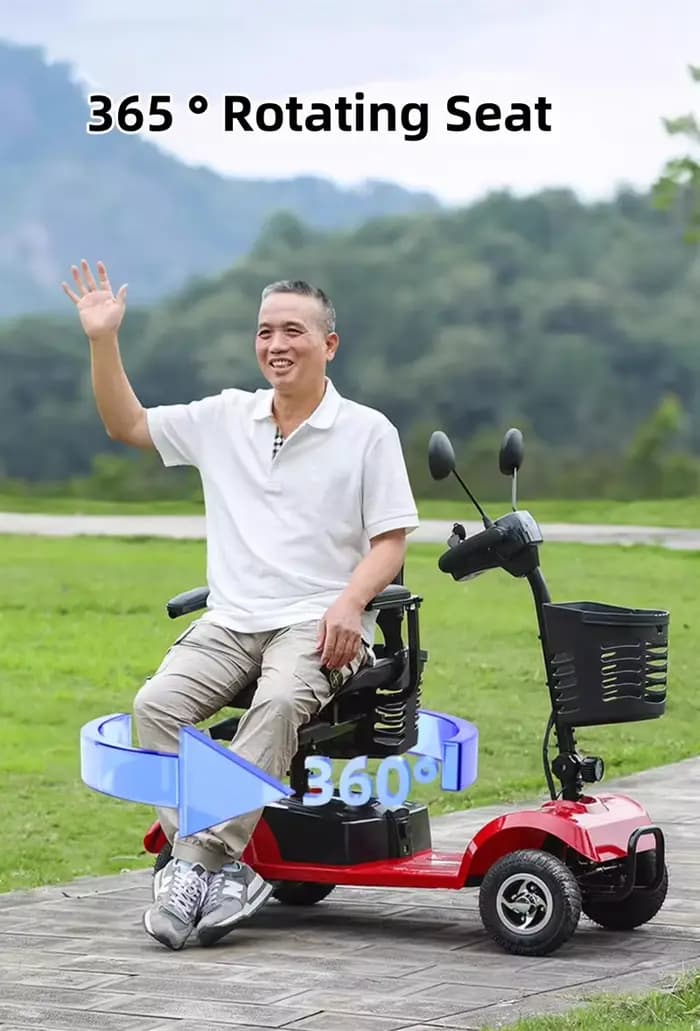 Trottinette de mobilité pliante à 4 roues légère pour personnes âgées/adultes 350W 24V Scooter électrique avec siège et panier rouge