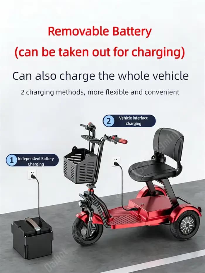 Tricycle scooter léger et pliable pour personnes âgées avec batterie amovible/anti-vol