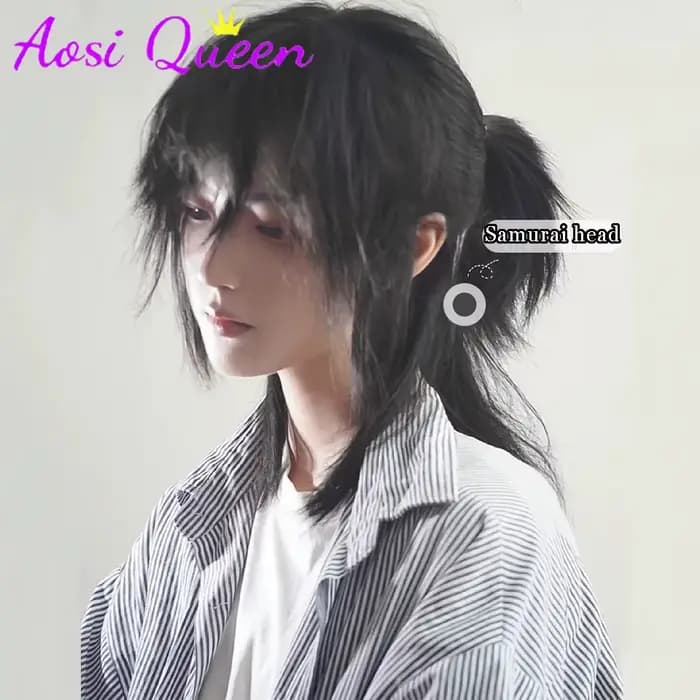 AOSI-Perruque courte queue de loup pour femme, cheveux japonais, belle tête de Liban et unisexe, naturel, tête de samouraï à moitié attachée, équipement de sauna unisexe