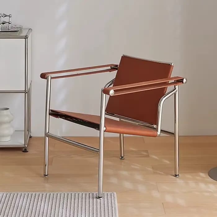 Fauteuil Selle Simple Italien, Chaise de Loisirs Individuelle en Cuir et Acier Inoxydable, Canapé Minimaliste Noir pour Salon