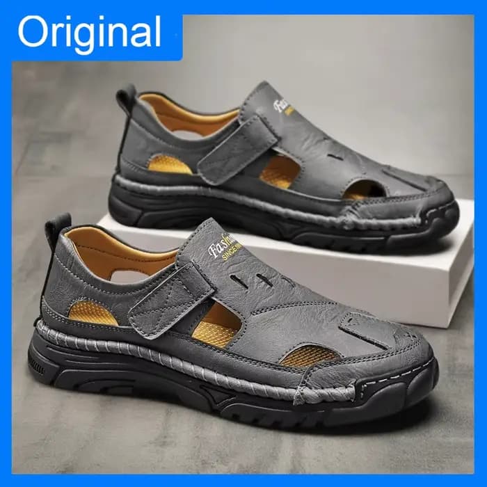 Sandales pour hommes confortables, respirantes, à bout fermé, en cuir, pour l'été, la marche quotidienne en plein air, chaussures décontractées, semelle antidérapante