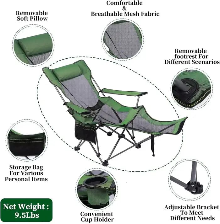 Chaise longue de camping, chaise de camping inclinable portable, chaise de camping pliable avec repose-pieds, appui-tête et sac de rangement