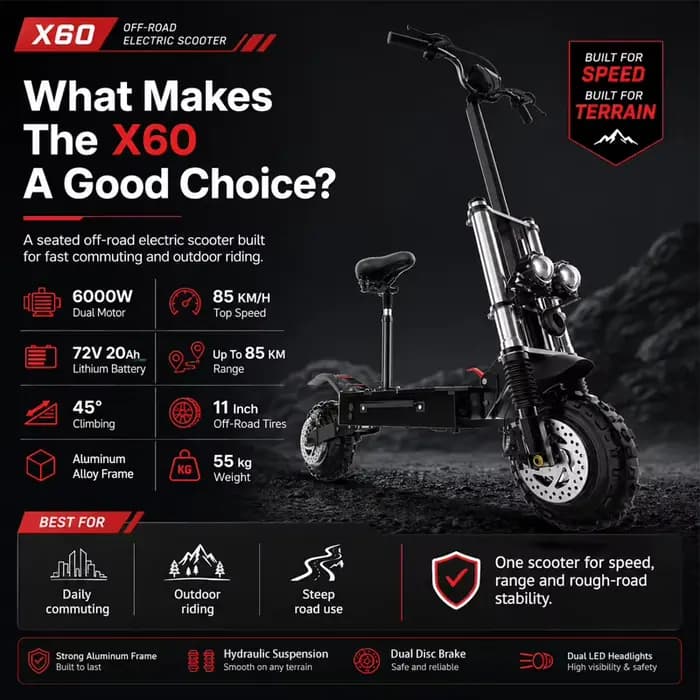 Scooter électrique pour adultes, vitesse maximale 85-90 km/h, 30 Ah, moteurs puissants 6000 W, pneus tout-terrain 11 pouces, e-scooter