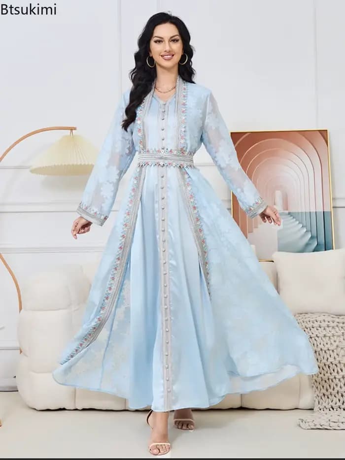 Robe de fête musulmane pour l'Aïd 2026, Abaya ouverte pour femmes avec robe intérieure, ensemble 2 pièces, Jalabiya, Robe élégante du Ramadan, Caftan, Costume ethnique