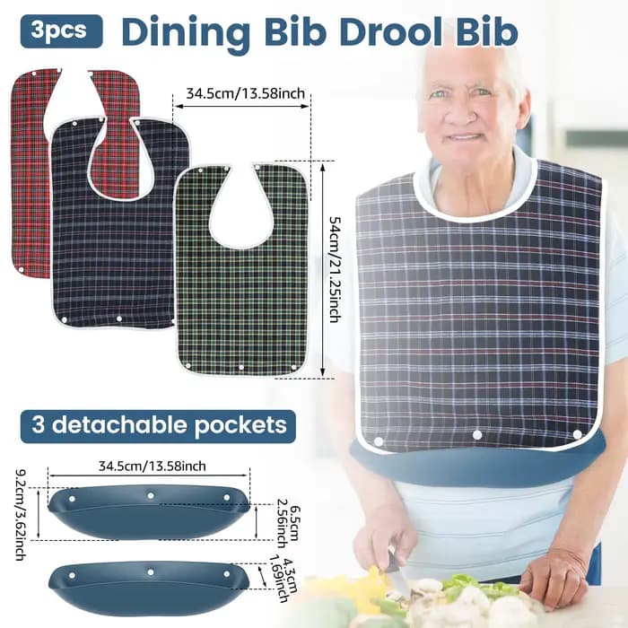 Lot de 3 bavoirs de repas pour adultes à motif quadrillé