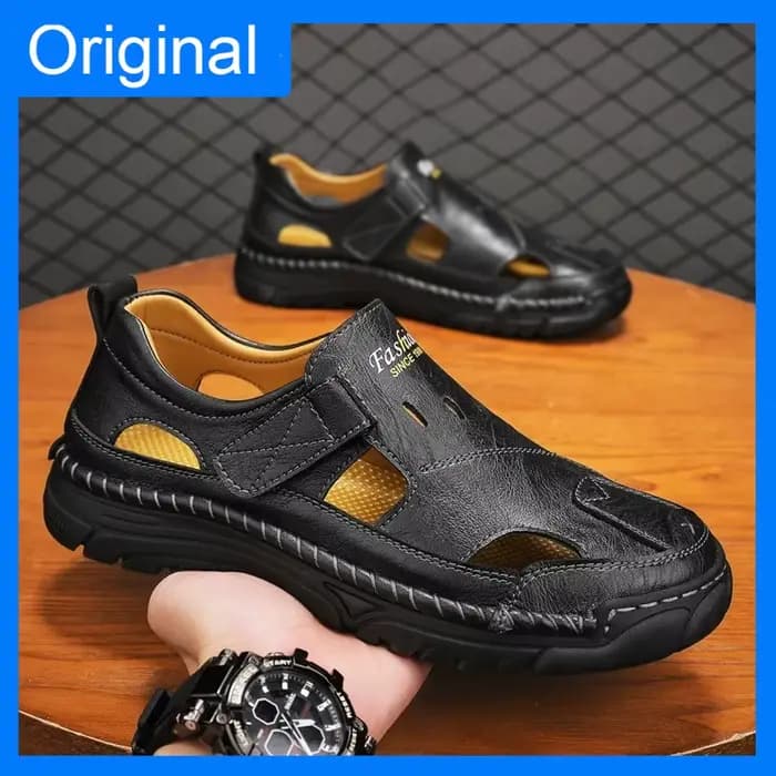 Sandales pour hommes confortables, respirantes, à bout fermé, en cuir, pour l'été, la marche quotidienne en plein air, chaussures décontractées, semelle antidérapante