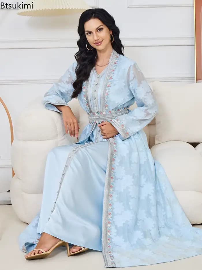 Robe de fête musulmane pour l'Aïd 2026, Abaya ouverte pour femmes avec robe intérieure, ensemble 2 pièces, Jalabiya, Robe élégante du Ramadan, Caftan, Costume ethnique