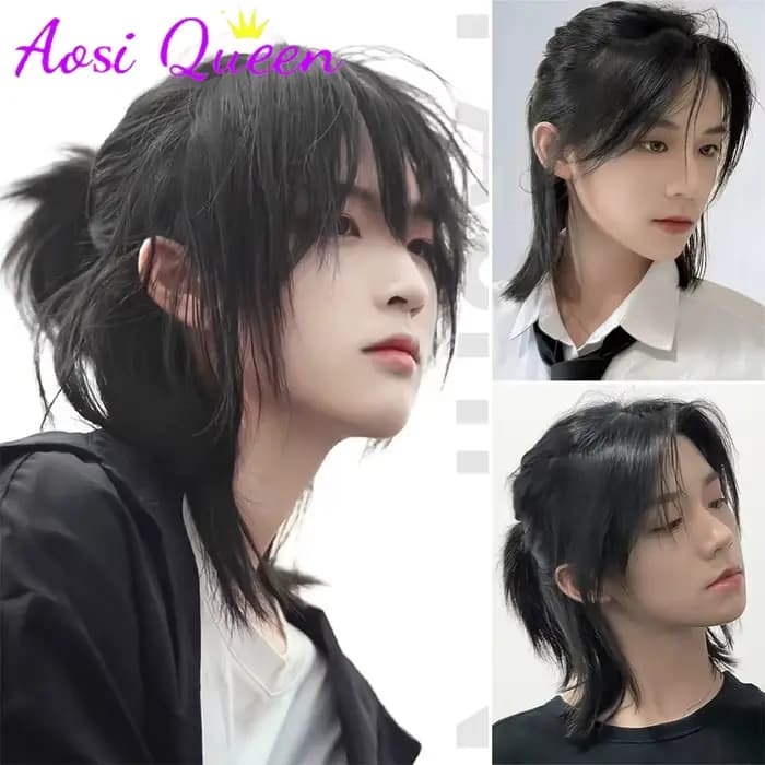 AOSI-Perruque courte queue de loup pour femme, cheveux japonais, belle tête de Liban et unisexe, naturel, tête de samouraï à moitié attachée, équipement de sauna unisexe