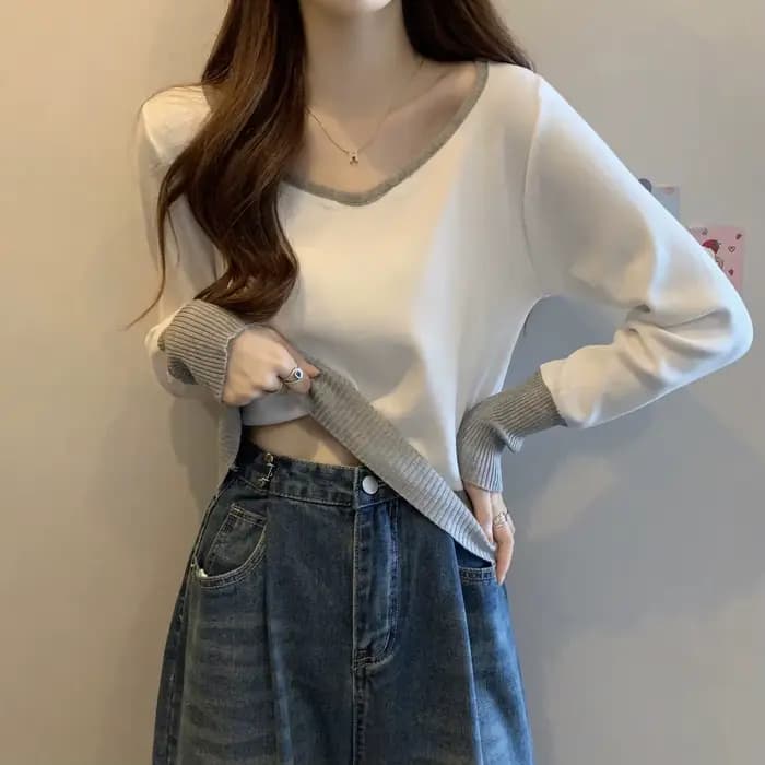 Pull à col en v pour femmes, nouvelle chemise de Base printemps et automne, haut court Unique et polyvalent, 2025