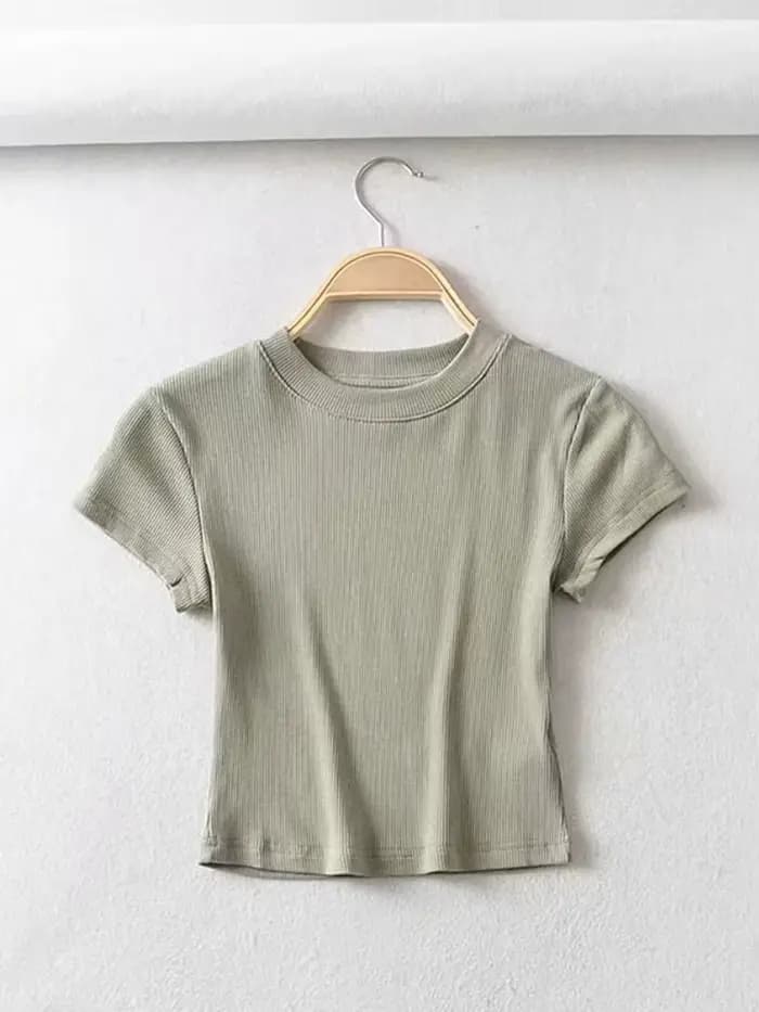 Été Sexy femmes col rond à manches courtes T-shirt mince élastique maigre culture hauts