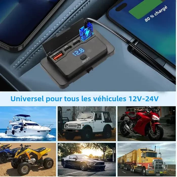 Adaptateur de prise de chargeur de voiture avec interrupteur, séparateur de charge à 2-4 Ports, prise pour Bus, RV, ATV, camion, bateau, sortie, 12V, 24V, PD, QC3.0