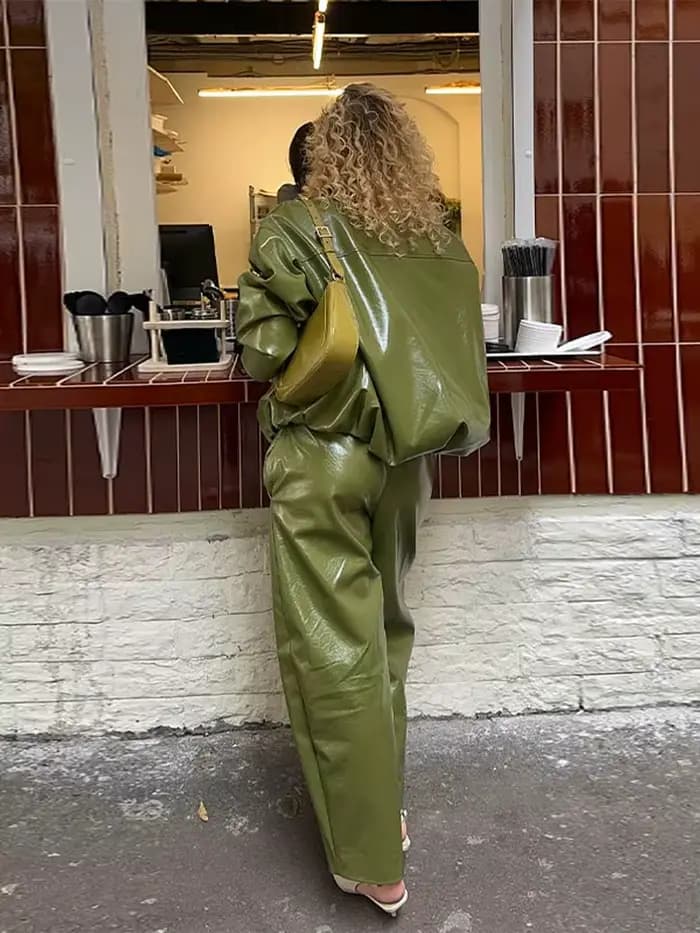 Veste en cuir vert olive avec fermeture éclair, manteau silhouette vintage, pardessus court à revers, haut décontracté, vêtements d'extérieur tendance High Street, automne