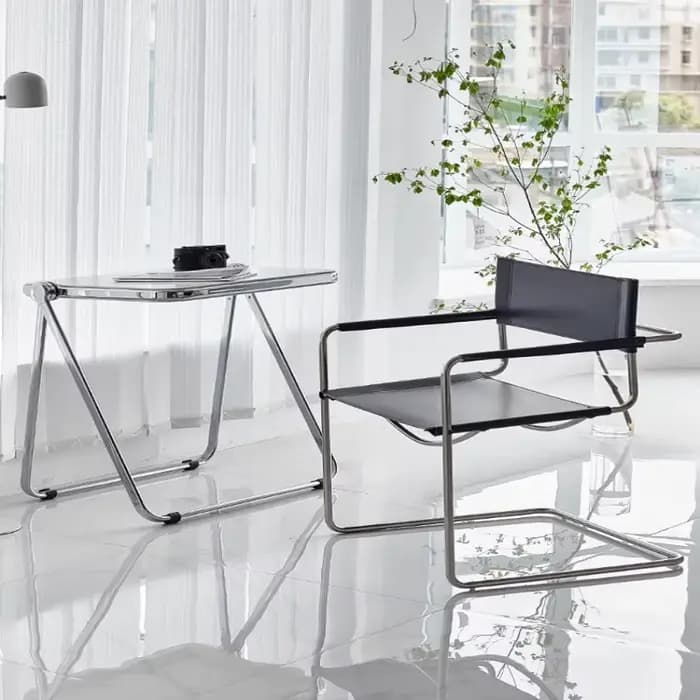 Bauhaus – chaise à dossier avec accoudoirs de bureau, selle en acier inoxydable, chaise de salle à manger en cuir, chaises de loisirs confortables, meubles pour accessoires Photo
