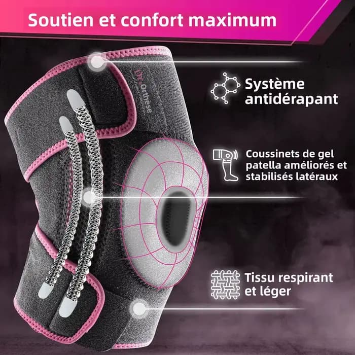 Genouillère avec stabilisateurs latéraux et coussinets en gel pour la rotule