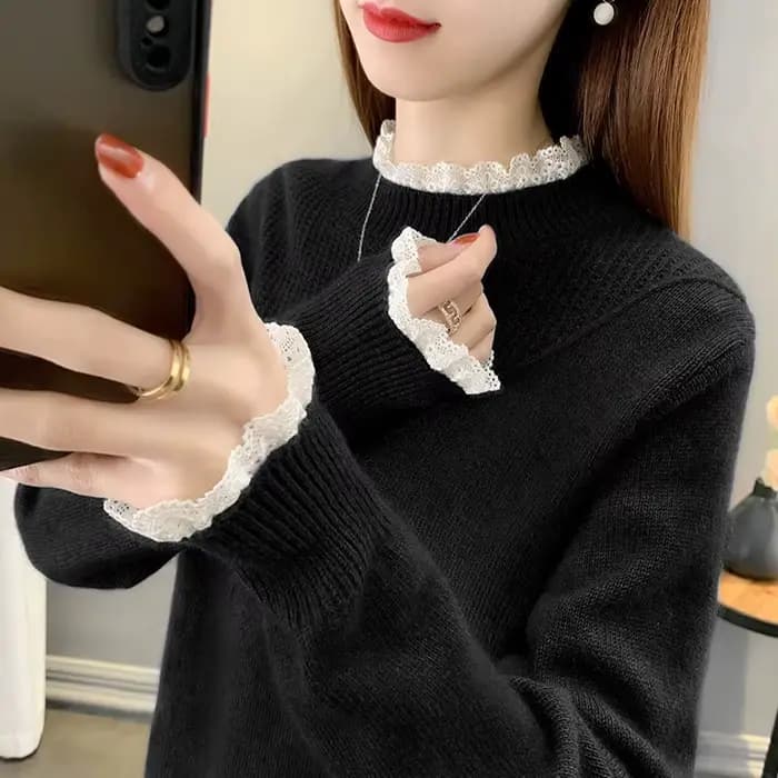 Pull à col mi-haut avec bord en dentelle pour femme, tricot côtelé, haut bas, chaud, élégant, mode, automne, hiver, nouveau