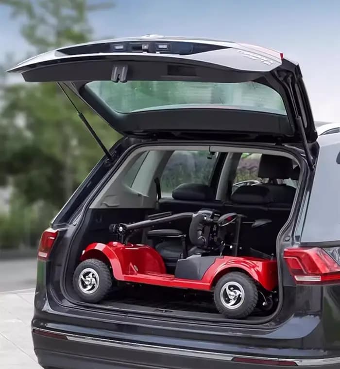 Trottinette de mobilité pliante à 4 roues légère pour personnes âgées/adultes 350W 24V Scooter électrique avec siège et panier rouge