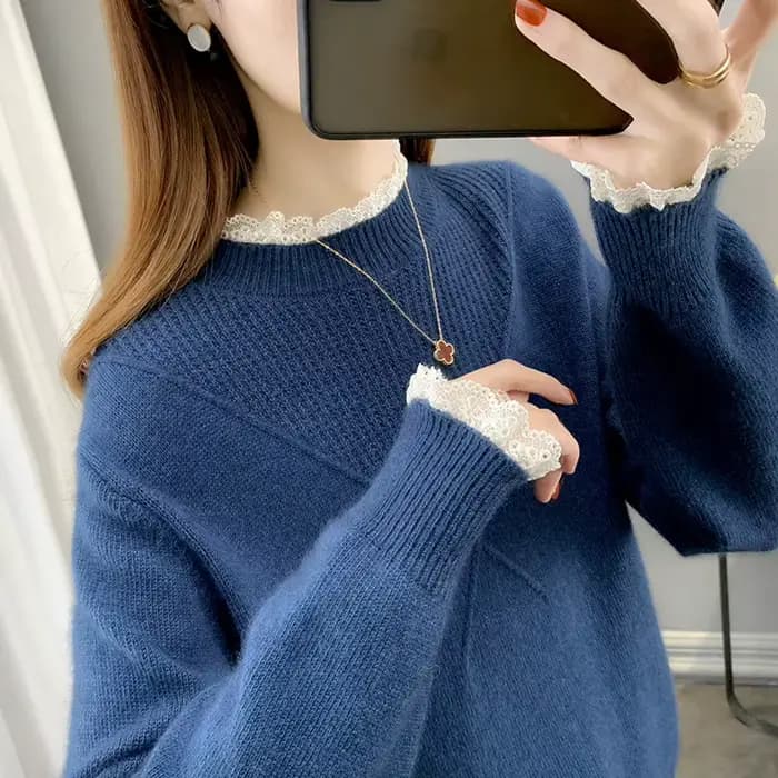 Pull à col mi-haut avec bord en dentelle pour femme, tricot côtelé, haut bas, chaud, élégant, mode, automne, hiver, nouveau